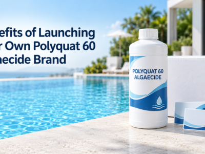 Polyquat 60 algaecide private-label bottle and custom packaging beside a clear swimming pool, illustrating the benefits of launching your own pool chemical brand.