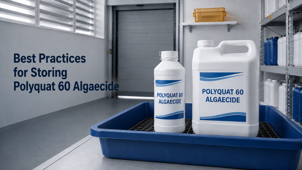 Polyquat 60 Algaecide bottles stored upright in a cool, ventilated chemical storage room with secondary containment, illustrating proper storage practices.