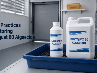Polyquat 60 Algaecide bottles stored upright in a cool, ventilated chemical storage room with secondary containment, illustrating proper storage practices.