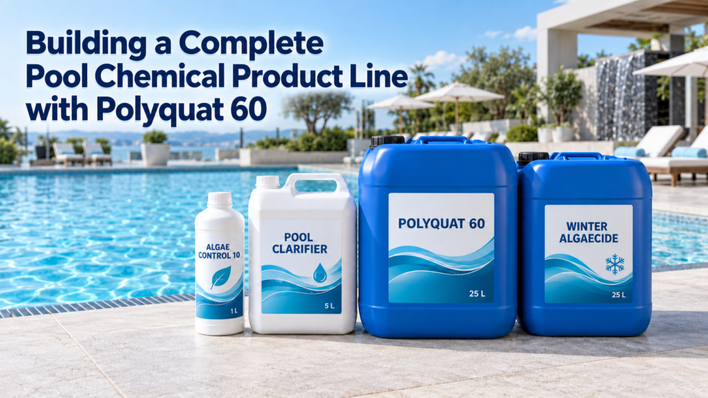 Complete pool chemical product line featuring Polyquat 60, Algae Control 10, Pool Clarifier, and Winter Algaecide beside a clear outdoor swimming pool.
