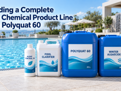 Complete pool chemical product line featuring Polyquat 60, Algae Control 10, Pool Clarifier, and Winter Algaecide beside a clear outdoor swimming pool.