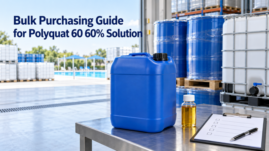 Bulk purchasing guide for Polyquat 60 60% solution featuring a 25L blue jerry can, amber liquid sample, quality inspection checklist, chemical drums, IBC tote, and swimming pool.