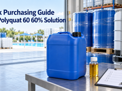 Bulk purchasing guide for Polyquat 60 60% solution featuring a 25L blue jerry can, amber liquid sample, quality inspection checklist, chemical drums, IBC tote, and swimming pool.