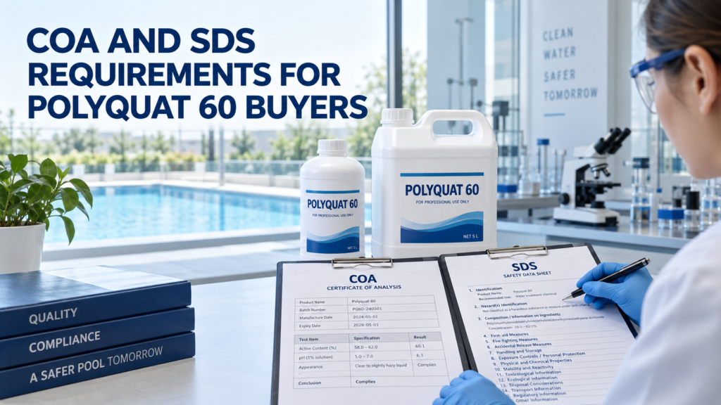 Quality technician reviewing COA and SDS requirements beside Polyquat 60 bottles in a modern pool chemical laboratory
