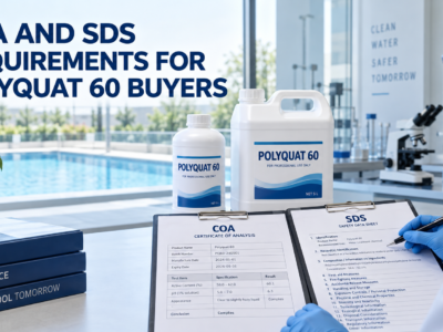 Quality technician reviewing COA and SDS requirements beside Polyquat 60 bottles in a modern pool chemical laboratory