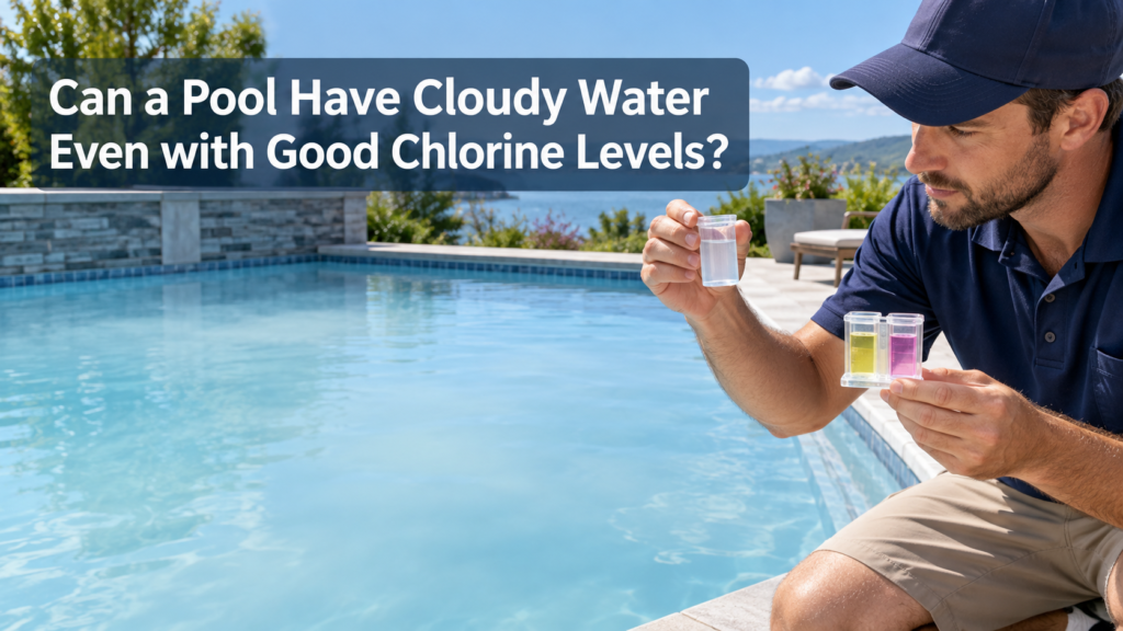 Pool technician checking a normal chlorine level beside a swimming pool that remains cloudy, showing that proper sanitizer levels do not always guarantee clear water.