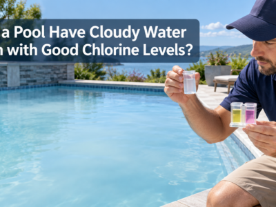 Pool technician checking a normal chlorine level beside a swimming pool that remains cloudy, showing that proper sanitizer levels do not always guarantee clear water.