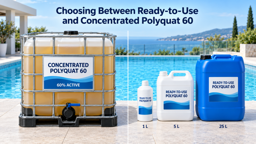 Concentrated Polyquat 60 in an IBC compared with ready-to-use algaecide in 1L bottles, 5L jerrycans, and 25L containers for pool chemical buyers.