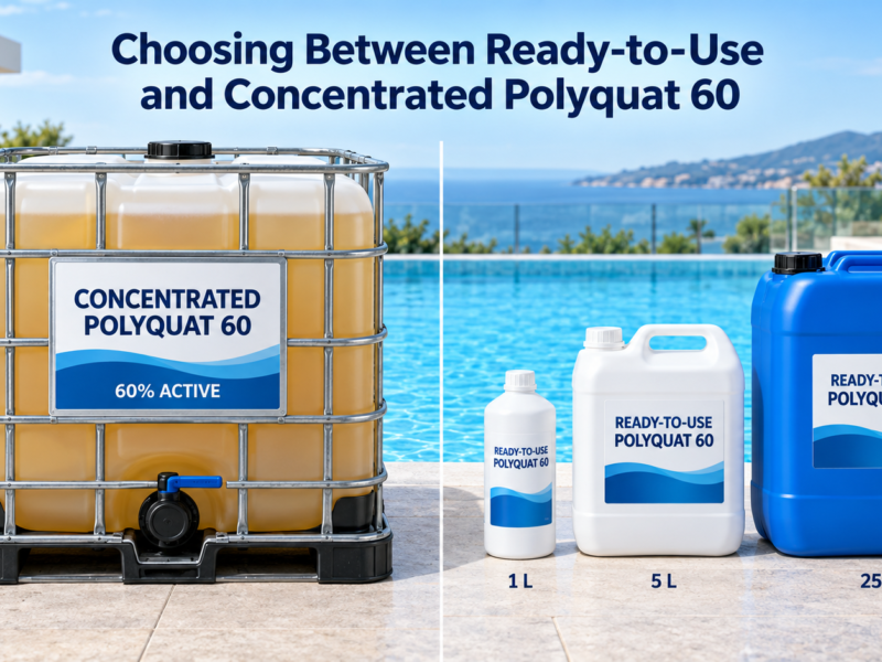 Concentrated Polyquat 60 in an IBC compared with ready-to-use algaecide in 1L bottles, 5L jerrycans, and 25L containers for pool chemical buyers.