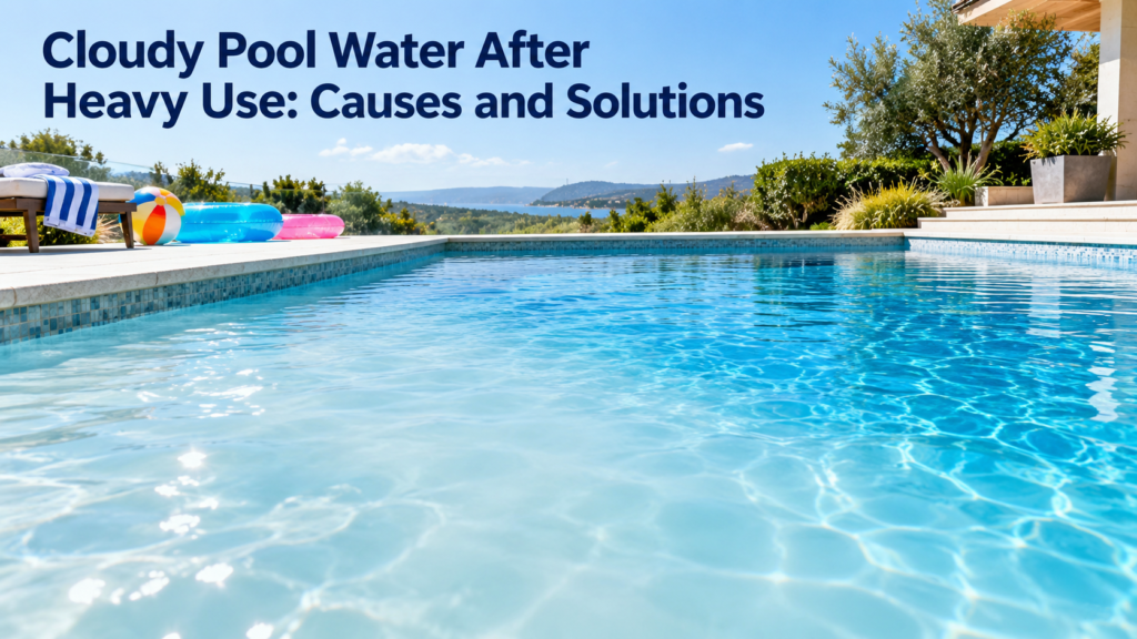 Cloudy pool water after heavy swimmer use gradually returning to clear blue water through proper circulation, filtration, and water treatment.