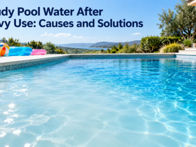 Cloudy pool water after heavy swimmer use gradually returning to clear blue water through proper circulation, filtration, and water treatment.