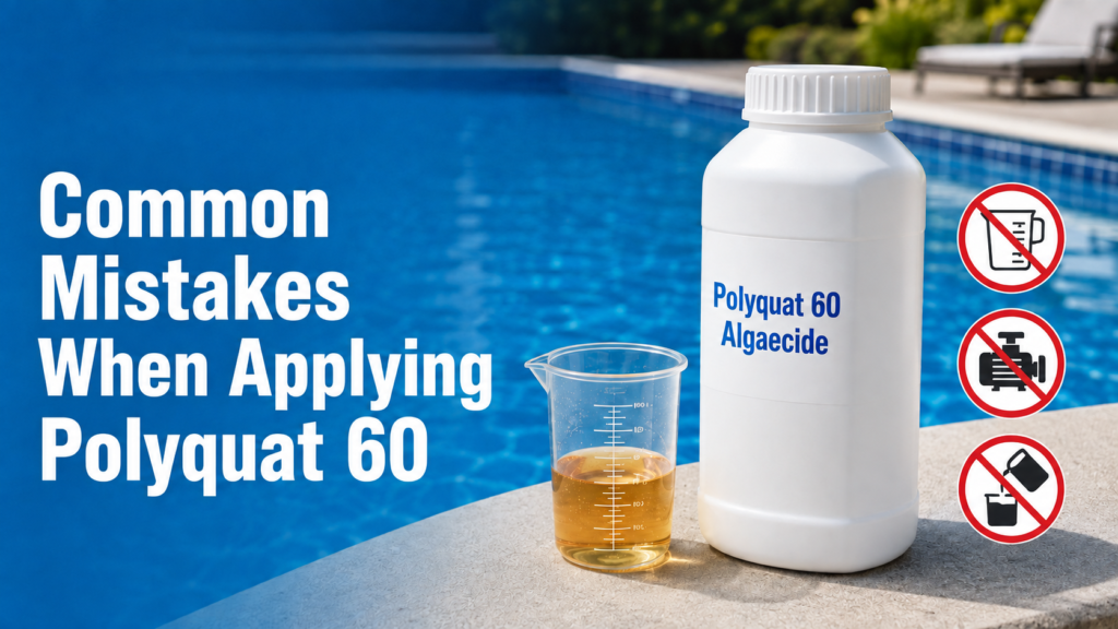 Common mistakes when applying Polyquat 60 Algaecide, illustrated by incorrect dosing, poor pool circulation, and unsafe chemical mixing beside a swimming pool.