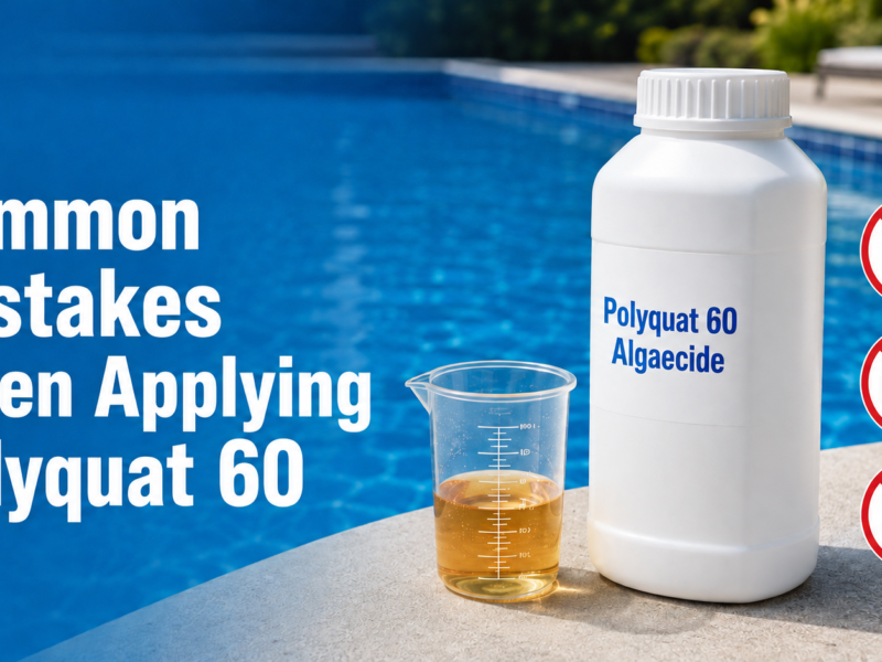Common mistakes when applying Polyquat 60 Algaecide, illustrated by incorrect dosing, poor pool circulation, and unsafe chemical mixing beside a swimming pool.