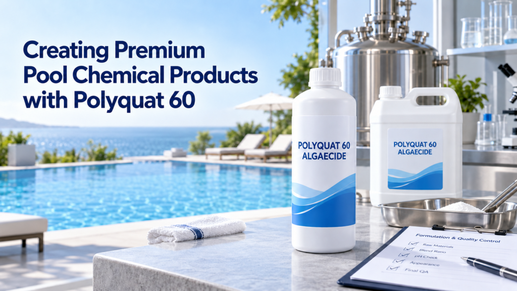 Premium Polyquat 60 algaecide bottles displayed in a modern pool chemical production facility overlooking a clear blue swimming pool.