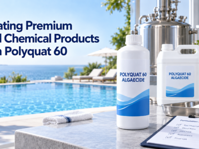 Premium Polyquat 60 algaecide bottles displayed in a modern pool chemical production facility overlooking a clear blue swimming pool.