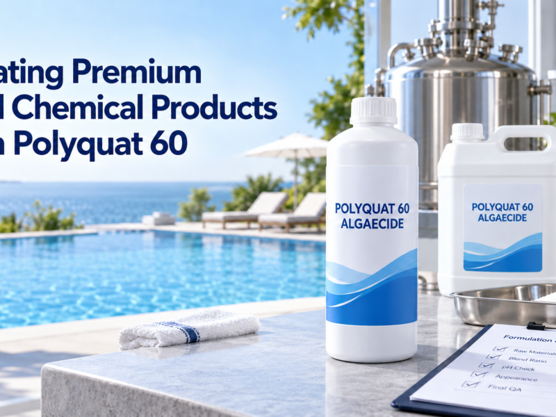 Premium Polyquat 60 algaecide bottles displayed in a modern pool chemical production facility overlooking a clear blue swimming pool.
