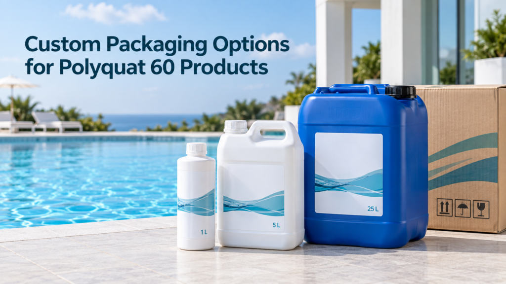 Custom packaging options for Polyquat 60 products, including a white 1L bottle, white 5L jerrycan, blue 25L jerrycan, and export carton beside a swimming pool.