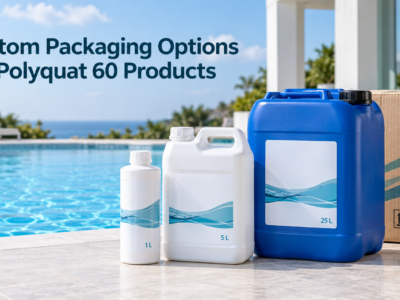 Custom packaging options for Polyquat 60 products, including a white 1L bottle, white 5L jerrycan, blue 25L jerrycan, and export carton beside a swimming pool.