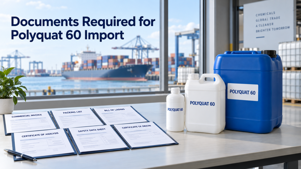 Documents required for Polyquat 60 import, including commercial invoice, packing list, bill of lading, COA, SDS, and certificate of origin beside 1 L, 5 L, and 25 L chemical packaging at a seaport warehouse.