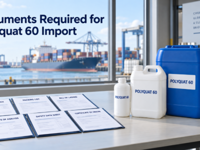 Documents required for Polyquat 60 import, including commercial invoice, packing list, bill of lading, COA, SDS, and certificate of origin beside 1 L, 5 L, and 25 L chemical packaging at a seaport warehouse.