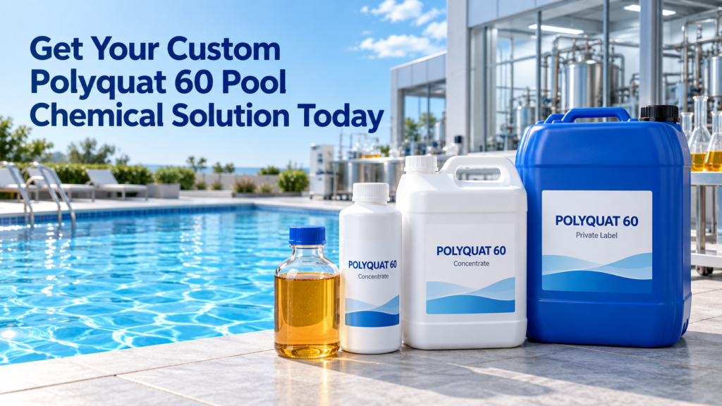 Custom Polyquat 60 pool chemical solution displayed in 1 L and 5 L white containers, a 25 L blue jerry can, and a clear sample bottle filled with transparent amber viscous liquid beside a swimming pool.