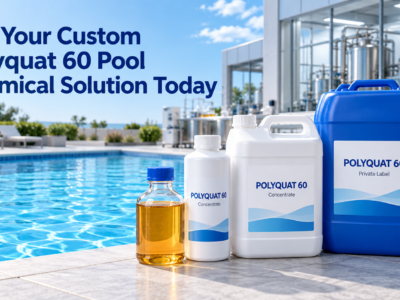 Custom Polyquat 60 pool chemical solution displayed in 1 L and 5 L white containers, a 25 L blue jerry can, and a clear sample bottle filled with transparent amber viscous liquid beside a swimming pool.