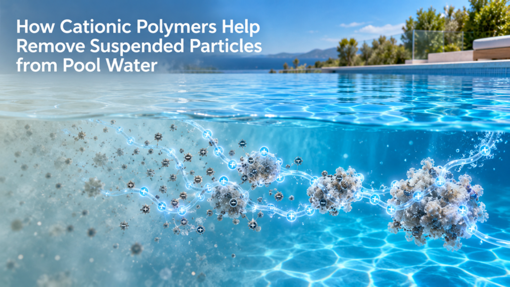 Cationic polymer chains gather negatively charged suspended particles into larger flocs as cloudy pool water becomes clear.