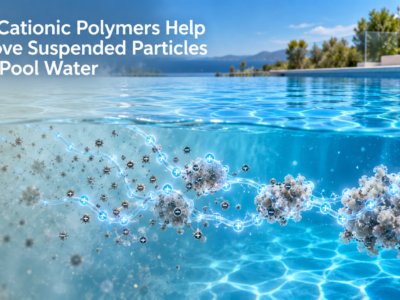Cationic polymer chains gather negatively charged suspended particles into larger flocs as cloudy pool water becomes clear.