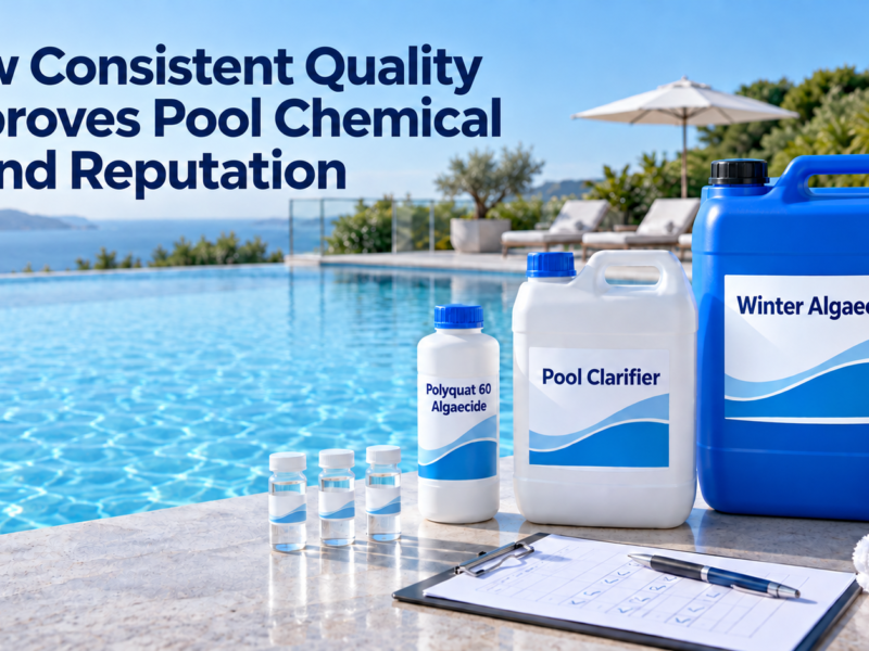 Consistent pool chemical products in 1L and 5L white containers and a 25L blue jerry can beside a clear swimming pool, labeled Polyquat 60 Algaecide, Pool Clarifier, and Winter Algaecide to represent reliable quality and brand reputation.