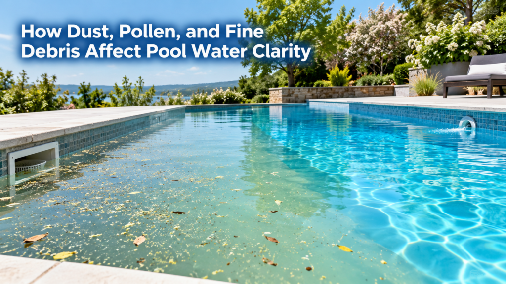 Windblown dust, pollen, and fine debris clouding one side of an outdoor swimming pool while filtration restores clear blue water.