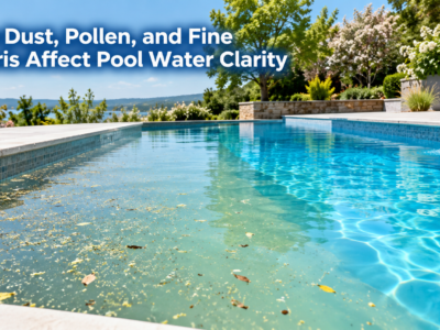 Windblown dust, pollen, and fine debris clouding one side of an outdoor swimming pool while filtration restores clear blue water.