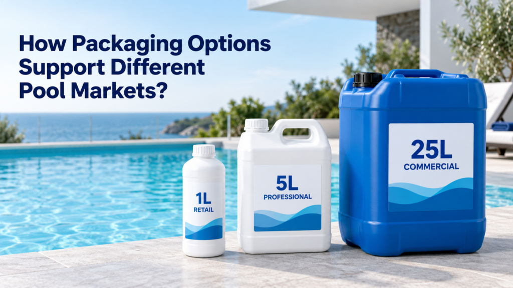1L retail bottle, 5L professional jerry can, and 25L commercial jerry can beside a swimming pool, showing packaging options for different pool markets.