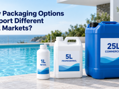 1L retail bottle, 5L professional jerry can, and 25L commercial jerry can beside a swimming pool, showing packaging options for different pool markets.