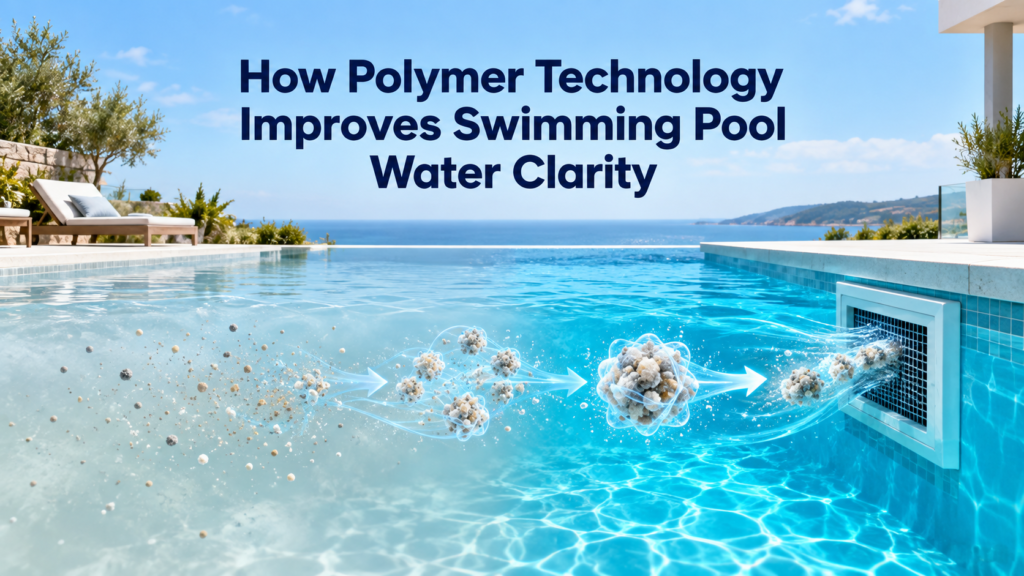 Polymer technology gathers fine suspended particles into larger clusters for pool filtration, changing cloudy swimming pool water into clear blue water.