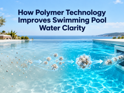Polymer technology gathers fine suspended particles into larger clusters for pool filtration, changing cloudy swimming pool water into clear blue water.