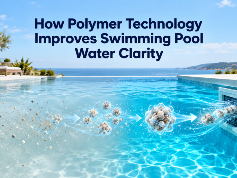 Polymer technology gathers fine suspended particles into larger clusters for pool filtration, changing cloudy swimming pool water into clear blue water.