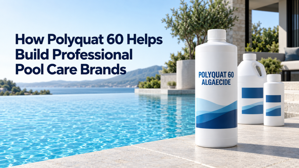Polyquat 60 Algaecide in coordinated white professional pool chemical bottles beside a clear blue swimming pool, illustrating how Polyquat 60 supports premium pool care brands.
