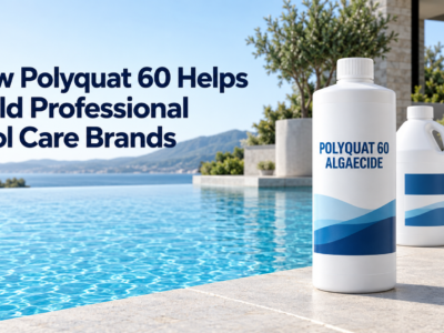 Polyquat 60 Algaecide in coordinated white professional pool chemical bottles beside a clear blue swimming pool, illustrating how Polyquat 60 supports premium pool care brands.