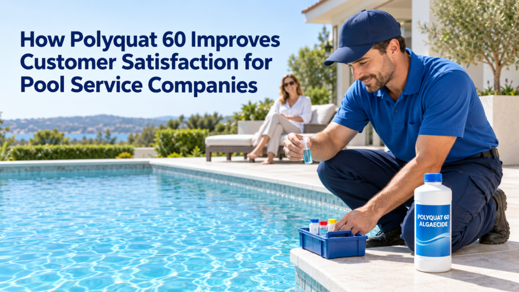 Professional pool service technician testing clear swimming pool water beside a bottle of Polyquat 60 Algaecide while a satisfied customer relaxes nearby.