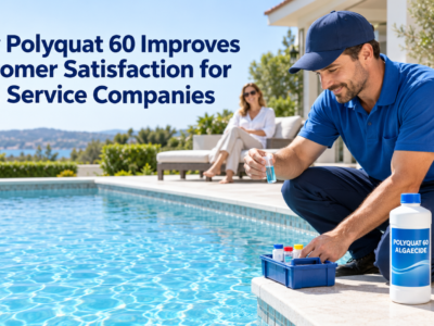 Professional pool service technician testing clear swimming pool water beside a bottle of Polyquat 60 Algaecide while a satisfied customer relaxes nearby.