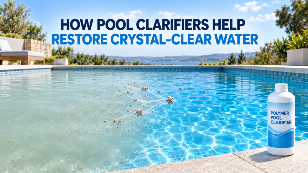Cloudy swimming pool water becoming crystal clear as a polymer pool clarifier gathers fine suspended particles into larger clusters for filtration.