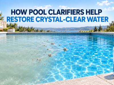 Cloudy swimming pool water becoming crystal clear as a polymer pool clarifier gathers fine suspended particles into larger clusters for filtration.