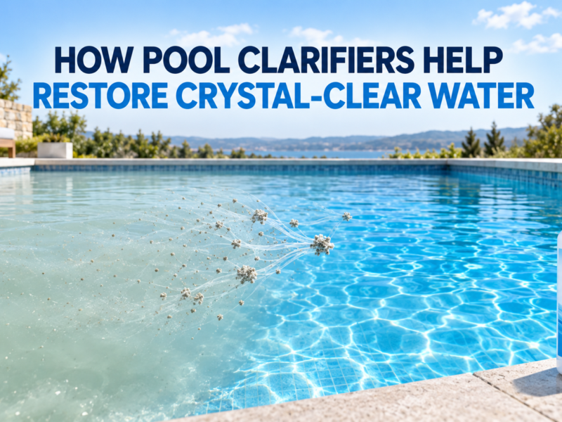 Cloudy swimming pool water becoming crystal clear as a polymer pool clarifier gathers fine suspended particles into larger clusters for filtration.