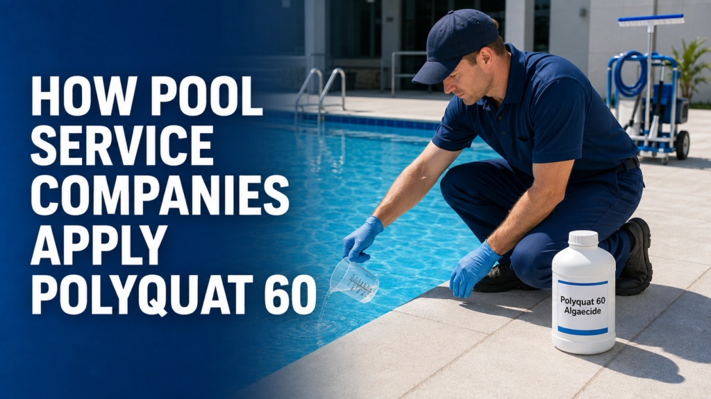 Pool service technician measuring and applying Polyquat 60 Algaecide to a clear commercial swimming pool during routine maintenance.