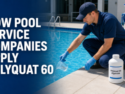 Pool service technician measuring and applying Polyquat 60 Algaecide to a clear commercial swimming pool during routine maintenance.