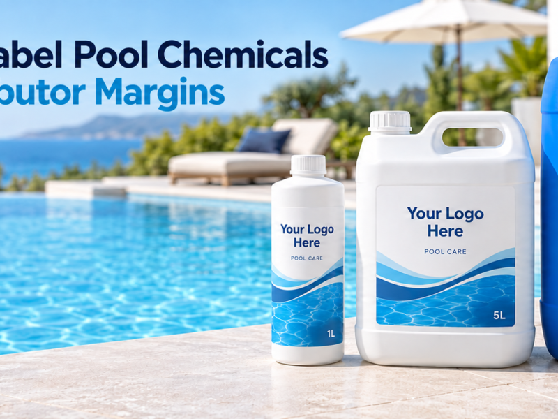 Private label pool chemical bottles and containers marked “Your Logo Here” beside a clear blue swimming pool, representing branded products that help distributors improve margins.