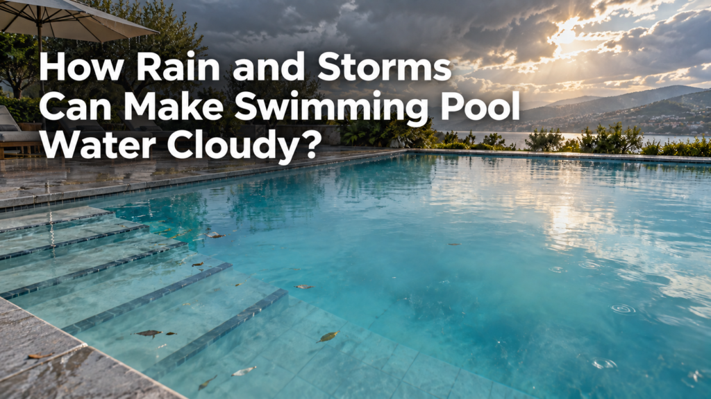 Cloudy swimming pool water after heavy rain, with storm clouds, wet decking, floating leaves, and fine suspended debris reducing underwater visibility.