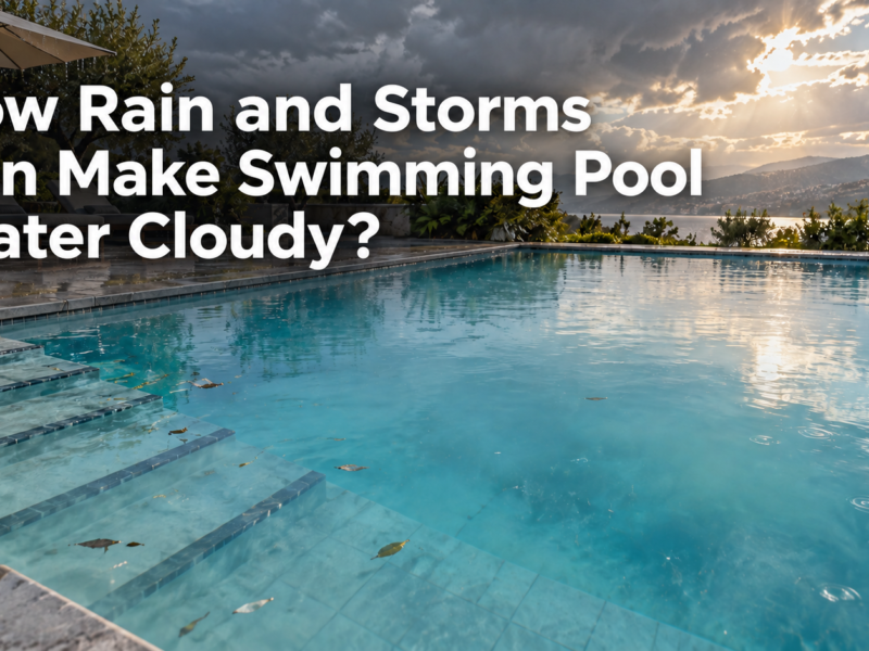 Cloudy swimming pool water after heavy rain, with storm clouds, wet decking, floating leaves, and fine suspended debris reducing underwater visibility.