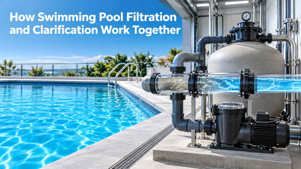 Swimming pool filtration system and clarifier working together to return crystal-clear water to a modern commercial pool.