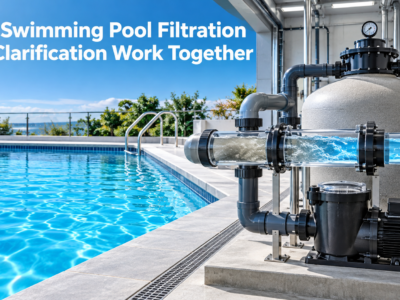 Swimming pool filtration system and clarifier working together to return crystal-clear water to a modern commercial pool.